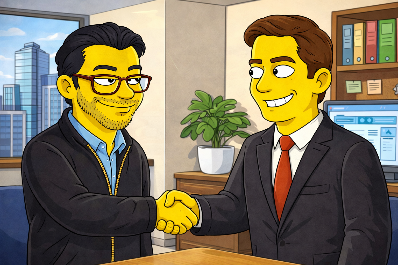 Two professionals shaking hands in an office setting