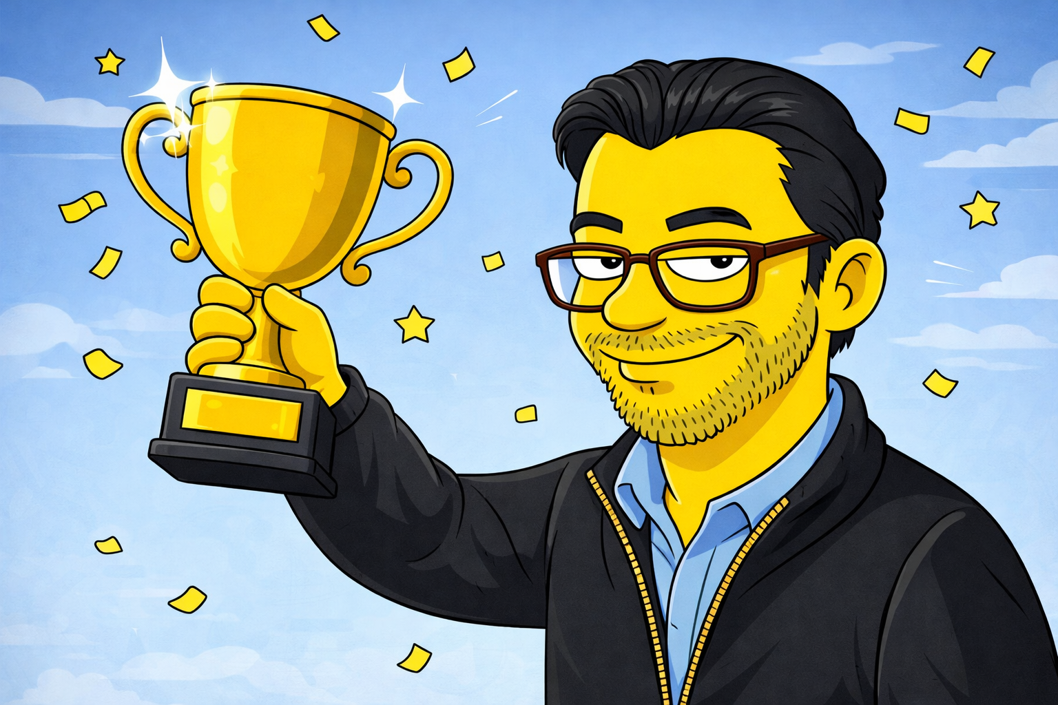 Person holding a golden trophy with confetti celebrating